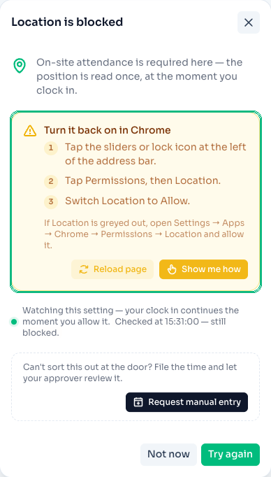 Guided recovery steps in the blocked-location modal on Android Chrome