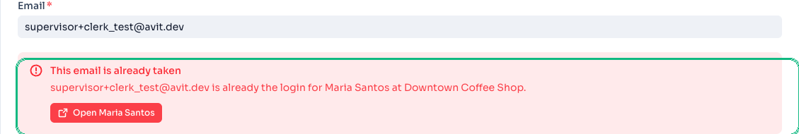 Alert naming the employee already using an email