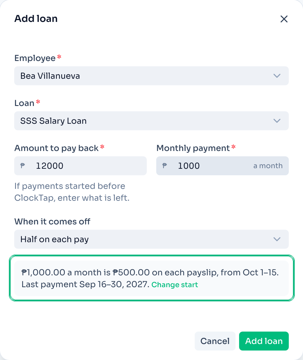 The Add loan form for a ₱12,000 SSS Salary Loan at ₱1,000 a month, with ₱500 on each payslip and the last payment marked