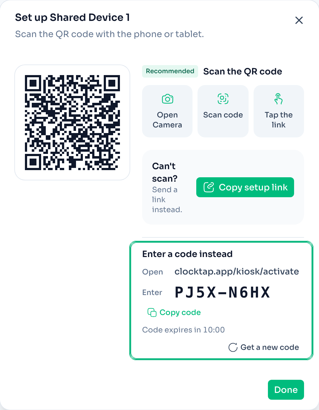 The setup window for a Shared Device with a QR code, and the setup code to type at clocktap.app/kiosk/activate marked