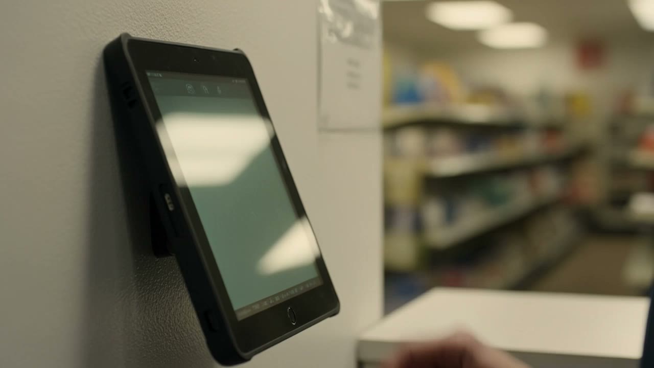 A shared tablet on a shop counter where staff time in with a PIN